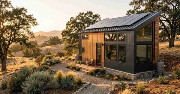 Sustainable off-grid tiny house set in a rural landscape, featuring rooftop solar panels, dark metal roofing, wood cladding, large windows, and rainwater collection barrels.