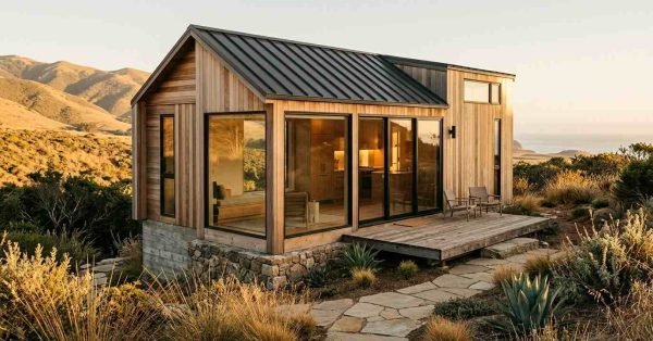 Exterior view of a contemporary tiny house featuring warm wood siding, a dark metal roof, expansive floor-to-ceiling glass windows, a raised wooden deck, and a stone foundation set in a coastal hillside landscape.