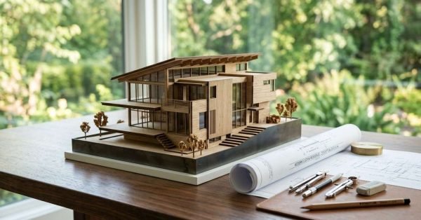 Detailed wooden architectural scale model of a modern multi-story house alongside rolled blueprints and drafting tools on a wooden desk