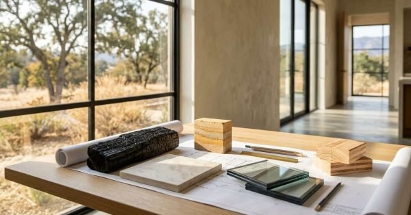 Wooden design studio table featuring architectural floor plans, charred wood siding, a rammed earth block, stone tile, laminated glass samples, and stacked timber blocks with a sunlit modern interior and outdoor landscape view.