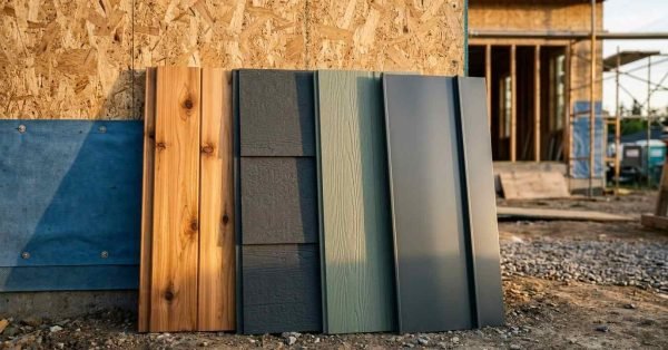 Exterior siding material samples leaning against a construction site wall with oriented strand board (OSB) sheathing and house wrap, featuring natural wood planks, dark gray shingle siding, green lap siding, and metal standing seam panels.