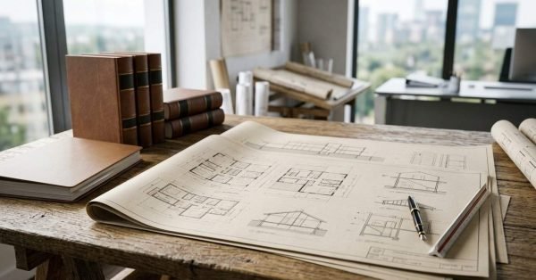 Architectural building blueprints laid out on a wooden desk with leather-bound books, scale ruler, and fountain pen in a high-rise office with city views