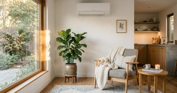 A white wall-mounted ductless mini-split air conditioner mounted above a cozy reading nook with a gray armchair, knit blanket, potted fiddle-leaf fig, and large picture window in a bright modern home