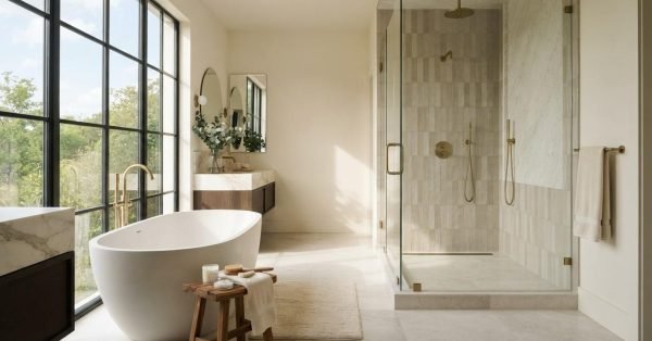 Luxury master bathroom featuring a freestanding soaking tub next to a large grid window, alongside a walk-in glass shower with textured tile walls, brass fixtures, and a wooden stool holding bath accessories.