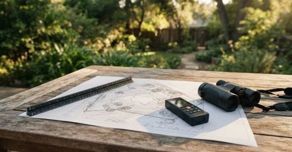 A topographic site analysis map, black triangular architect's scale ruler, digital laser distance measurer, and compact binoculars resting on a weathered wooden table overlooking a lush backyard garden