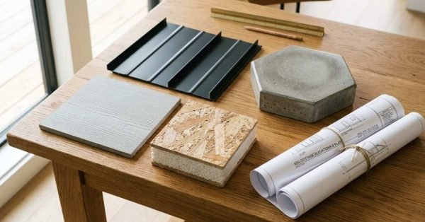 A curated flat-lay of modern construction material samples including black standing seam metal roofing, a SIP insulation panel, fiber cement siding, a concrete paver, and rolled ADU cottage architectural plans on an oak table
