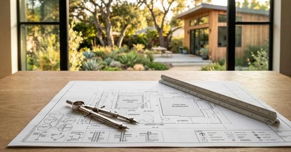An architectural plot plan showing a proposed ADU layout with a drafting compass and triangular scale ruler on a wooden desk, looking out through large windows toward a landscaped backyard and modern cedar studio cottage