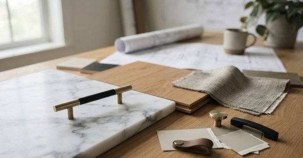 Custom home interior material samples and hardware selections arranged on a wooden table, featuring a white marble slab, hardwood flooring planks, textured fabric swatches, cabinet pulls, and paint swatches next to architectural blueprints.