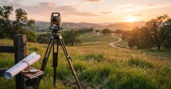 A land surveying total station on a tripod overlooking a rolling green landscape and winding road at sunset, with a rolled blueprint and compass resting on a wooden fence post in the foreground.