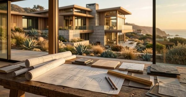 Architect's wooden desk featuring rolled blueprints, material finish samples, and a ruler overlooking a modern luxury coastal home at sunset.