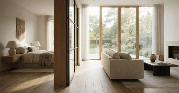 Modern custom home interior featuring a seamless transition between a bright living room with floor-to-ceiling glass doors and a cozy bedroom separated by a black steel-framed glass partition wall.