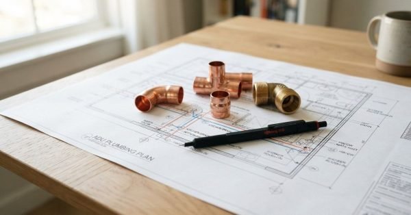 Copper and brass plumbing pipe fittings arranged over an ADU plumbing blueprint with a black drafting pencil on a wooden desk