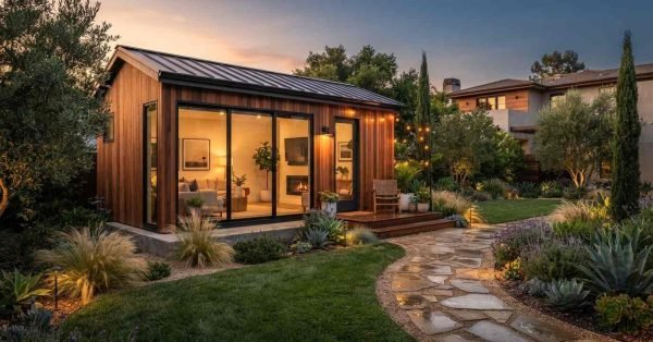 A modern timber-clad backyard ADU guest cottage illuminated at dusk, featuring large sliding glass doors, a metal standing seam roof, and a curved stone paver walkway through a landscaped garden