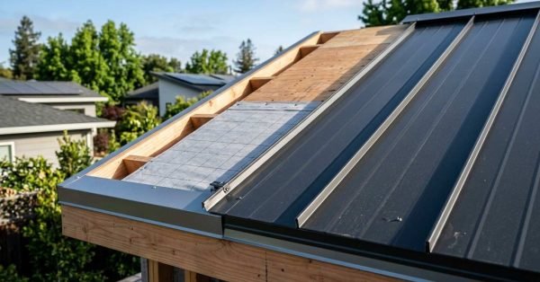 A cutaway view of a standing seam metal roof under construction, showing black metal roofing panels, synthetic underlayment, wooden roof deck sheathing, and perimeter drip edge flashing