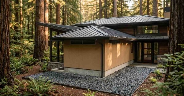 Modern fire-resistant home surrounded by redwood trees, featuring a standing seam metal roof, ember-resistant soffit vents, stucco siding, and non-combustible gravel landscaping