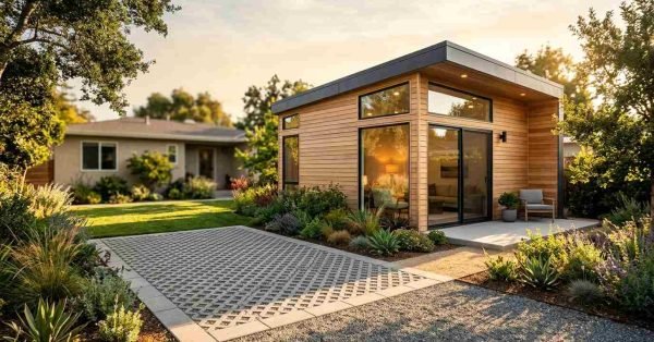 A contemporary wood-clad backyard ADU with floor-to-ceiling glass windows and clerestory lighting, situated next to a permeable grid paver driveway, drought-tolerant succulent landscaping, and a manicured green lawn at golden hour