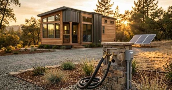 Stone-clad utility pedestal with water spigots and connected hoses, electrical lines, and a modern park model tiny home with rooftop solar panels in the background during golden hour.