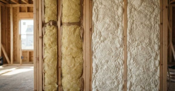 Construction site comparison showing fiberglass batt insulation installed in one wood-framed wall cavity and spray polyurethane foam insulation filling the adjacent wall studs.