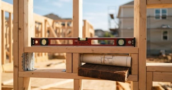 Wooden wall framing on a residential construction site featuring a red spirit level resting on a crossbeam above a rolled architectural blueprint and a heavy building codes reference book.