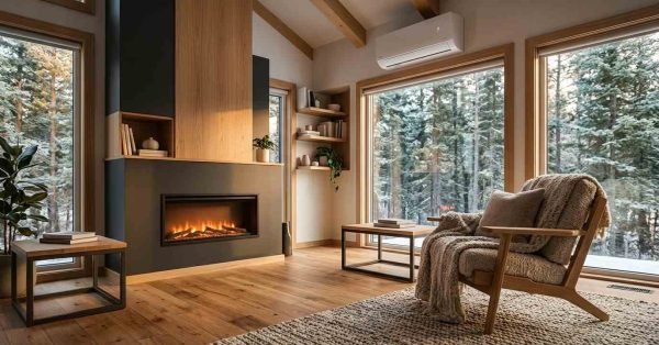 Cozy interior of a modern luxury park model home featuring hardwood flooring, a contemporary electric fireplace, vaulted wood-beam ceilings, and large windows overlooking a snowy forest.