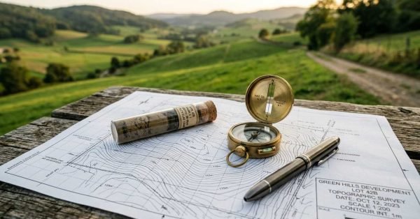 Topographic survey map labeled "GREEN HILLS DEVELOPMENT LOT 42B" with a soil sample vial, brass compass, and pen on a wooden bench overlooking rolling green hills