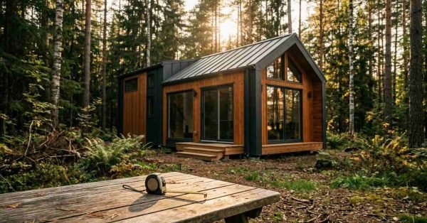 A measuring tape resting on a wooden picnic table with a modern prefab tiny home nestled in a lush pine forest in the background.