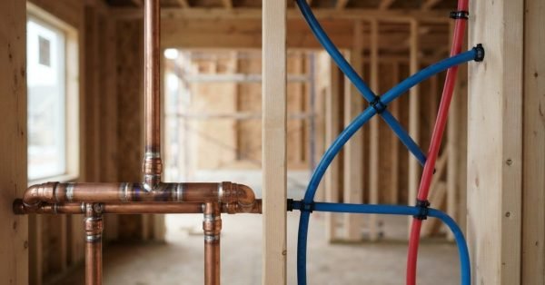 Newly installed copper plumbing supply pipes with soldered joints alongside blue and red PEX pipes secured to wood framing studs in a residential construction project.