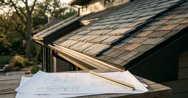 Architectural blueprints and an architectural scale ruler placed on a wooden surface with a residential roof featuring asphalt shingles and shake tiles in the background.