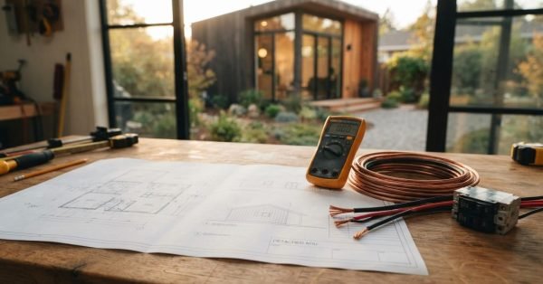 A detached ADU electrical blueprint laid out on a workshop bench with a digital multimeter, heavy-gauge electrical wiring, circuit breakers, and copper grounding wire overlooking a modern backyard ADU