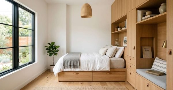 A light-filled modern ADU bedroom featuring a built-in oak storage bed with pull-out drawers, an integrated reading bench, floor-to-ceiling cabinetry, and a large black-framed garden window
