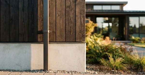 Close-up view of a modern house exterior showing charred dark wood siding, a concrete foundation wall, a matte black downspout, and garden plants in the background