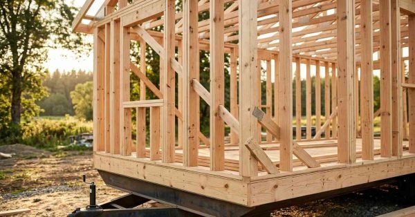 Timber wall framing, temporary diagonal bracing, and roof trusses under construction on top of a steel trailer chassis for a tiny home.