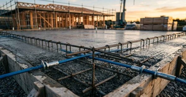 Freshly poured concrete slab foundation with embedded rebar reinforcement cages and blue utility conduits inside wooden formwork on an active residential construction site during sunset.