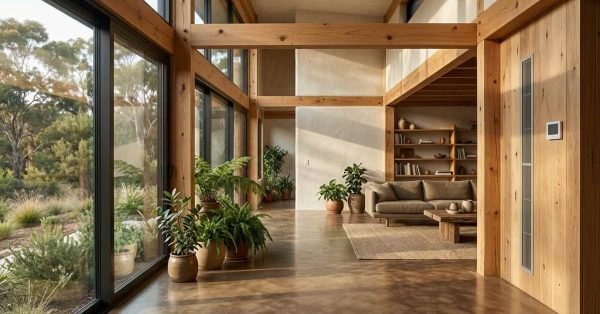 Sunlit modern luxury home interior featuring exposed timber ceiling beams, polished concrete floors, floor-to-ceiling glass windows, potted indoor plants, and a living room setup with a sofa and open shelving.