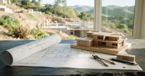 Rolled and unrolled architectural blueprints labeled "Floor Plan - Level 1," a brass drafting compass, a pen, and a wooden architectural scale model of a modern house resting on a dark slate surface, with a hill landscape and construction site visible through a window.