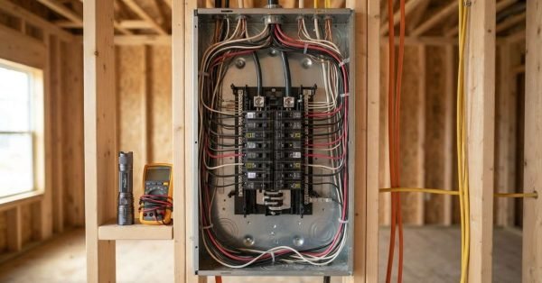 Open residential electrical service panel wired with circuit breakers and organized cables, with a flashlight and multimeter resting on the framing stud during a home inspection.