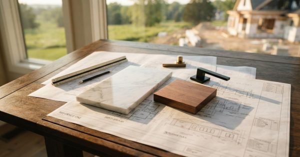 Architectural blueprints spread on a wooden desk featuring a white marble slab, warm wood sample block, matte black and brass cabinet hardware, drafting tools, and a view of a home under construction outside the window.