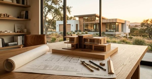 Wooden architectural scale model of a modern house on top of architectural floor plans with drafting compass, pencil, and scale ruler, overlooking the completed luxury home through floor-to-ceiling windows