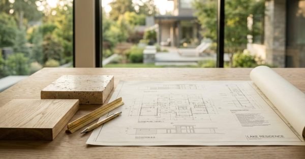 Unrolled floor plan blueprint on a wooden desk with a stone sample, oak block, brass ruler, and pencil, overlooking a modern backyard
