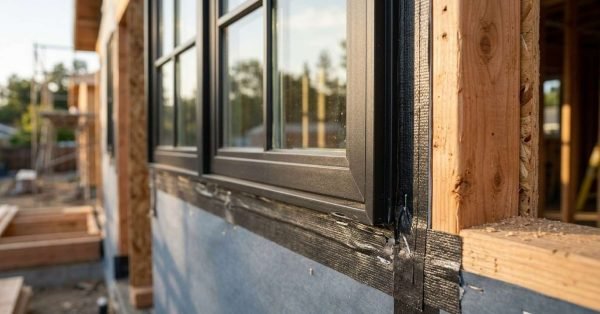 Black-framed window newly installed into a wooden wall framing structure with waterproof flashing tape and house wrap to prevent moisture penetration and leaks.