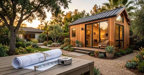 A rolled set of architectural blueprints tied with twine and an extended metal tape measure resting on an outdoor table in front of a modern timber-clad backyard ADU at sunset