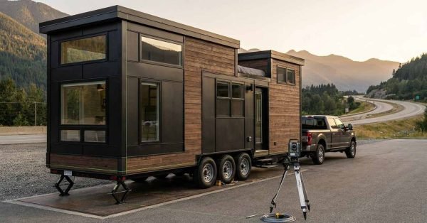 Tiny home on a multi-axle trailer connected to a pickup truck, illustrating the size, dimensions, and towing considerations of a tiny house on wheels.