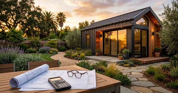 A set of rolled architectural blueprints, a calculator, and eyeglasses resting on an outdoor table overlooking a completed modern prefab ADU with glowing interior lights at sunset