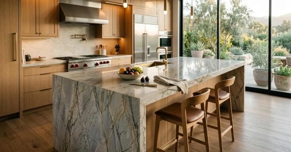 Modern luxury kitchen featuring a waterfall quartzite island with wooden barstools, light oak cabinetry, and large sliding glass doors opening to a scenic outdoor patio