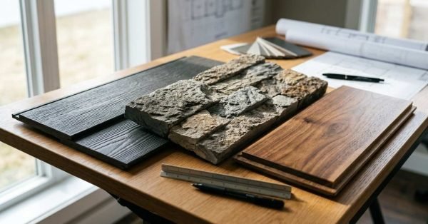 Exterior and interior building material samples, including stacked stone veneer, dark wooden siding planks, and rich hardwood flooring, displayed on a drafting table alongside blueprints and architectural tools.