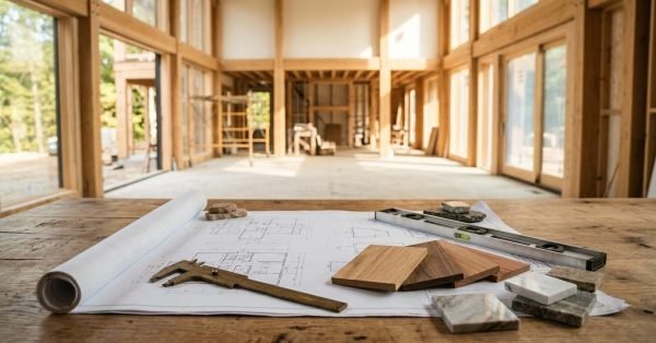 Wooden contractor workbench displaying rolled floor plans, a brass caliper, wood and marble material samples, and a spirit level inside a large timber-framed home under construction.