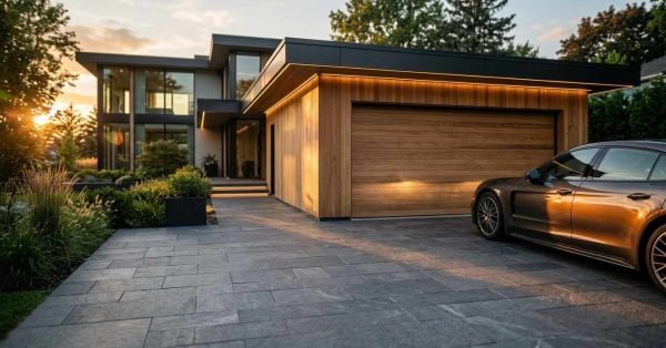 Modern luxury home exterior at sunset featuring a paved stone driveway, wood-paneled garage, architectural LED accent lighting, and a parked luxury car.