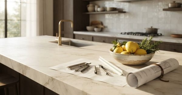 Architectural drafting compasses, a triangular scale ruler, and rolled blueprints arranged on a marble kitchen island next to a ceramic bowl of lemons and fresh herbs.