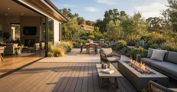 Modern outdoor living space and composite deck featuring a rectangular concrete fire pit, comfortable lounge seating, and large sliding glass doors opening into a luxury home interior with scenic landscape views.