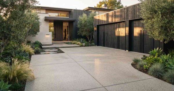 Modern home exterior with a concrete paver driveway, dark wood garage doors, and olive trees in warm evening sunlight